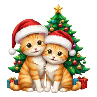 two hugging golden tabby happy fluffy cute smiling kittens with Santa hats by a colorful multicolored brightly lit up Christmas tree sticker