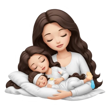 White Barbie girl dark brown long wavy hair in white clothes sleeping with white baby at cream bed, eyes are closed sticker