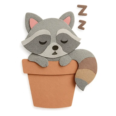 a sleepy raccoon inside a flower pot, pastel earthy colors, paper craft style sticker