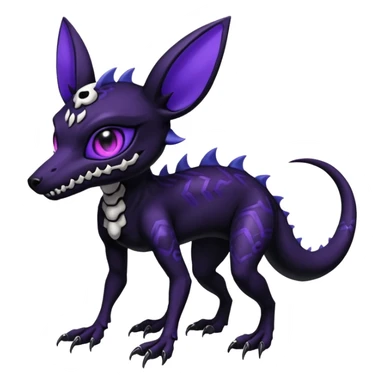 Gothic spooky Scaley Exotic Salandit-Umbreon-Noibat-Fakémon-hybrid-creature (full body), 4 legs, white skull face mask sticker
