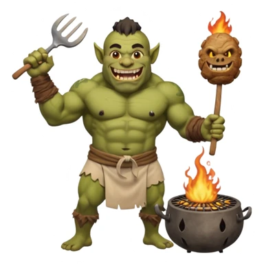 ork male master chef flipping huge kebabs on stone barbecue, muscular, loincloth or shorts, big tusked grin, smoke, centered emoji sticker