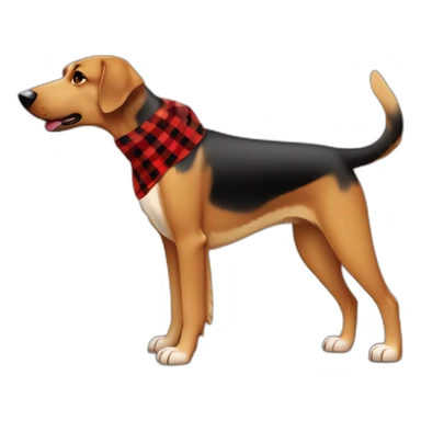 adult 75% Coonhound 25% German Shepherd mix dog with visible tail wearing small pointed red buffalo plaid bandana full body walking left quickly sticker