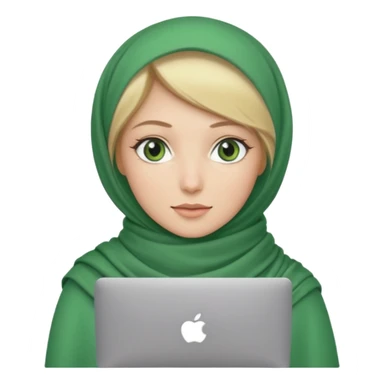 blond women skine , with green eyes , with scarf hijab , hid the hair, with macbook sticker