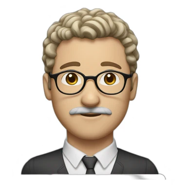 white man with short curly dark brown hair, blue eyes, round eyeglasses and a brown mustache sticker