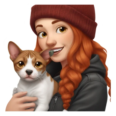 Long Red haired woman in beanie with septum piercing holding black and white English Staffordshire puppy and tabby cat sticker