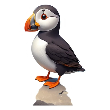 A 3D cartoon puffin bird standing on a rock near the sea, soft daylight, bright colors, realistic Memoji-style. sticker
