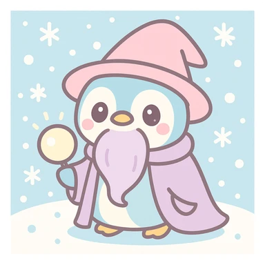 Add a snowy background behind the penguin wizard, keeping the whimsical kawaii style. sticker