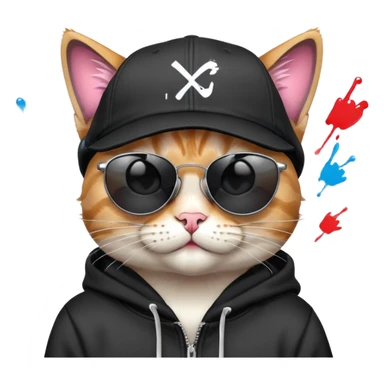 cat wearing a black snapback cap and black hoodie, with black sunglasses positioned low on his nose, winking one eye while looking directly at the viewer over the top of his sunglasses with a mischievous expression, doing graffiti with spray paint sticker