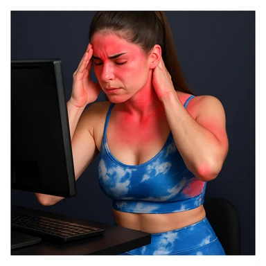 A slender woman in 4K, in front of a computer, massaging forehead and base of the neck, both areas reddened, rigid posture and tense face, inspired by the reference photo. sticker