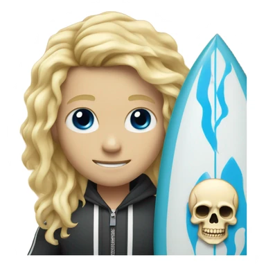 boy with long scruffy blonde hair and blue eyes. holding a surfboard with a skull on it sticker