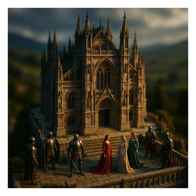 tilt-shift 3D model of a Gothic palace featuring knights and beautiful ladies, dramatic cinematic lighting, epic mood, blurred natural landscape as background sticker
