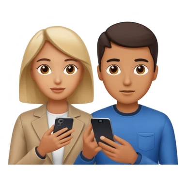 Generate a realistic emoji of a two people using a phone which shows artificial intelligence. Out of the phone is coming 3d ideas and electric symbols and a lot of small ideas popping up sticker