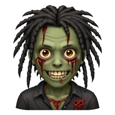 zombie with brown skin, messy black dreads hair, wide centered brown eyes, dark bloody marks under the eyes, and a smile showing shiny metal teeth,black shirt, giving a distressed, undead look. sticker