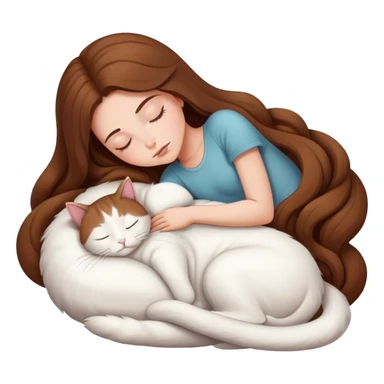 A pretty white girl with very long brown hair and sleeping curled up to a white cat  sticker