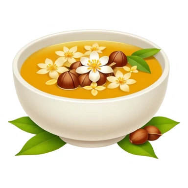 Hangzhou Osmanthus Cassia Soup with chestnuts and flower petals, simplified emoji style with bold outlines and bright colors, cartoon style fragrant dessert bowl sticker