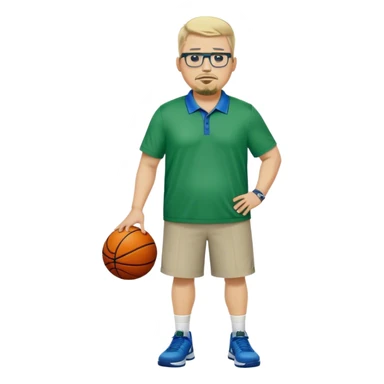 Full Body white male plus size wearing glasses with a goatee with light blonde and gray very short hair mad basketball head Coach in blue and green wearing Nike polo sticker