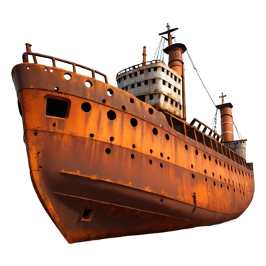 rusted ship wreck, heavily corroded metal hull, orange-brown rust textures, abandoned old ship, weathered surface, dramatic lighting, cinematic atmosphere, 3D cartoon style, mobile game environment art, clean composition, no people, no text, no watermark
 sticker