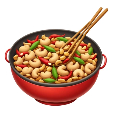 Kung Pao Chicken with peanuts and dried chilies in wok, simplified emoji style with bold outlines and bright colors, cartoon style Gongbao Jiding classic stir-fry sticker