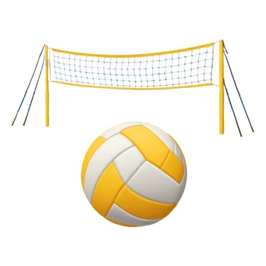 The scene captures the relaxed yet competitive vibe of beach volleyball, with warm sunlight and the natural beauty of the beach. A volleyball resting on the yellow sand on a beach, with the net in the background and a scenic view of the ocean and sky.  sticker