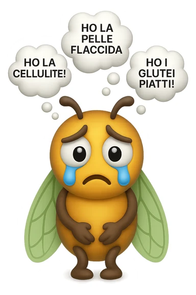 EMOJI STILE IPHONE 3D DI una cicala triste che si tocca le cosce e piange perché non le piace il suo fisico, posa frontale, fagli anche la parte bianca degli occhi, non solo la pupilla, sulla testa della cicala aleggiano i pensieri "HO LA PELLE FLACCIDA", "HO LA CELLULITE!", "HO I GLUTEI PIATTI!" sticker