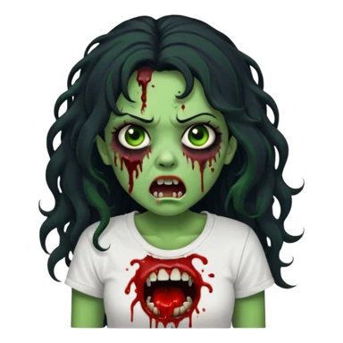 a zombie with long curly black hair volumoso, brown eyes, a white t-shirt and a splash of blood on her t-shirt, mouth open like a zombie, green skin color, not much expression, no drawing on shirt, no hands showing, less blood on her face, less blood, black hair and black eyes sticker