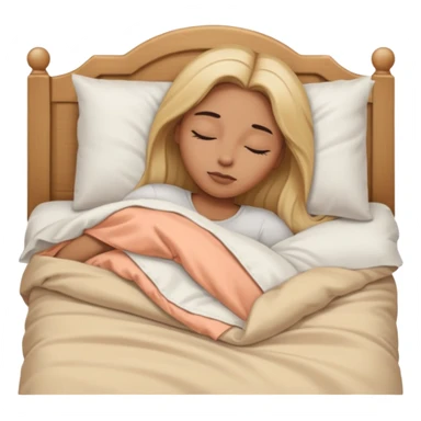 Mujer color de piel moreno claro, con cabello rubio largo, lacio y suelto, ojos negros, durmiendo con sábanas blancas, edredones beige, tomado desde un lado de la cama sticker