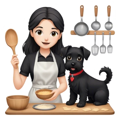 pale smiling girl baking with long back hair wearing black long shirt wearing apron holding black  schnauzer sticker