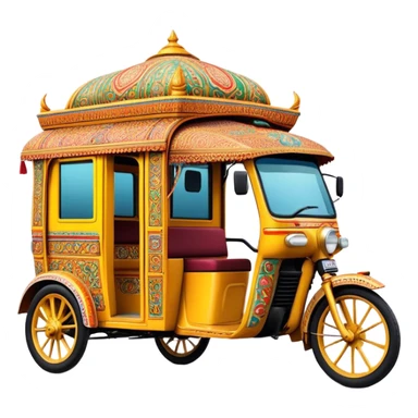 Cinematic Realistic Indian Auto Rickshaw Emoji, depicted as a colorful, bustling auto rickshaw with intricate designs and vibrant hues, rendered with lively textures and dynamic urban lighting that captures its quintessential presence in Indian cities. sticker