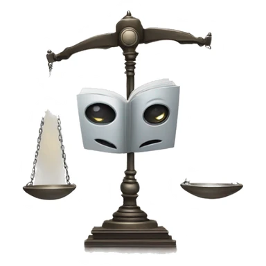 a balance of justice with a robot head on one side and a book on the other side sticker
