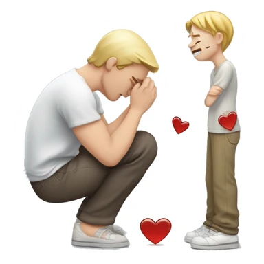 A white-skinned man kneeling and crying, trying to mend his girlfriend's broken heart. The heart is a broken emoji heart, highlighting the emotional scene. sticker