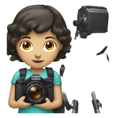 a girl with dark hair and a camera sticker