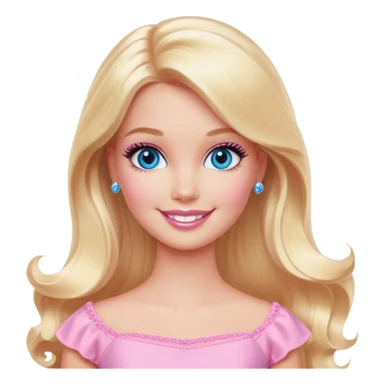 A Barbie-inspired girl with long blonde hair, wearing a pink dress, smiling with bright blue eyes and soft pink makeup, in a pastel background sticker