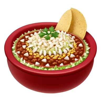 A delicious hot bowl of pozole rojo emoji. Steam rising. Hominy visible. Place the sides next to the bowl: chopped onions, shredded cabbage, lime wedges, red chile de arbol salsa, and full round tostadas sticker