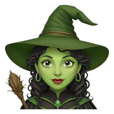 elphaba the wicked witch from wicked movie (cynthia erivo) dark long curly hair, thick lips, wide nose, green skins, witch hat, witch broom, evil, wicked musical film, evil smirk sticker