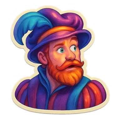 Red-bearded Landsknecht bust showing curiosity, flat lightning sticker
