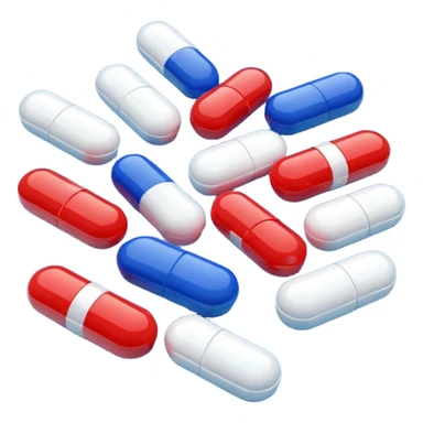 A close-up of mixed pills and capsules, red, white, and blue colors, clean background, light reflections on surface, realistic Memoji-style. sticker