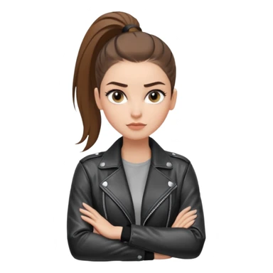 สีตาสีเทาอ่อน มีประกายคม
คิ้วได้รูป มองแล้วดูสตรอง
ผมหางม้าสูง
ลุคสตรีทแฟชั่น
ท่าโพสกอดอก
ฟีล: Girl Boss, cool beauty, minimal but powerful sticker