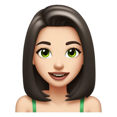 beautiful girl with high cheek bones orange blush, long straight shiny dark brown hair, big green eyes and big pale pink lips. Long thick eyelashes. Wearing a cream bustier.  She is laughing sticker