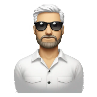 Homme blanc avec crane rasé, petite barbe, chemise blanche, lunette de soleil grise prada  sticker