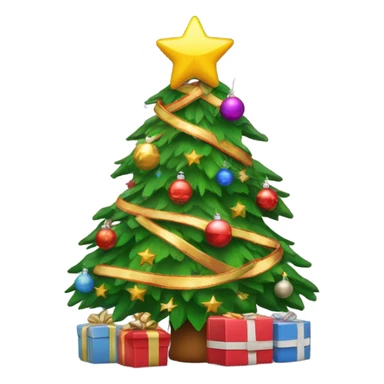 Decorated Christmas tree with presents below it and a star on top of the tree sticker