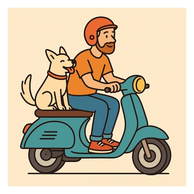 color vector art with thin outline of man and pet dog riding a scooter sticker