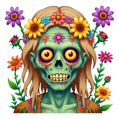 Cinematic ultra detailed 32k HD Psychedelic colored hippie style zombie with flowers sticker