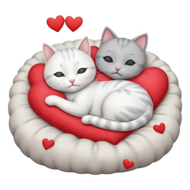 White cat and gray cat sleeping together in a bed full of hearts sticker