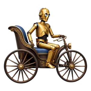 Old rust American West tarnished C-3PO policeman in 1864 delicately ornate rosegold accents painted buggy powered by electric motors and batteries with safety features and belts  sticker