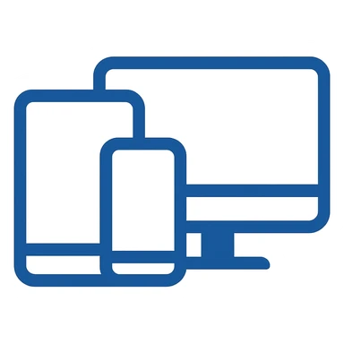 Transform the icon into a 'Devices' icon featuring a computer, phone, and tablet in a minimalistic, flat blue style consistent with previous icons. Use almost exclusively shades of blue with clean, simple lines. Prioritize clarity, recognizability, and consistency with other icons. Keep the background fully transparent and minimize use of any other colors. sticker
