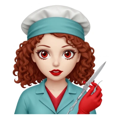 Scary woman scalpel in hand, evil surgeon sexy surgeon clothes.  She has red eyes. Her  brown long curly hair. Wears sexy doctor outfit with red gloves. Only uses red bandanna  to hide her face mouth with red bandana to hide her identity sticker