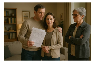 A middle-aged man standing protectively between his wife and his critical mother-in-law, his body language shielding his wife, holding medical reports in his hand, living room background, tense but supportive atmosphere. sticker