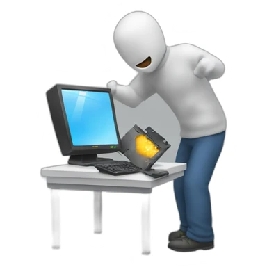 Man smashing computer monitor sticker