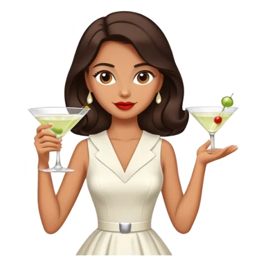 Beautiful woman in 1950’s woman fashion look, white dress, long dark brown hair, martini  sticker