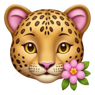 A cutE leopard face with eyes closed and a peaceful smile. A pink flower with a yellow center is tucked behind its right ear, adding a charming and gentle touch.  sticker